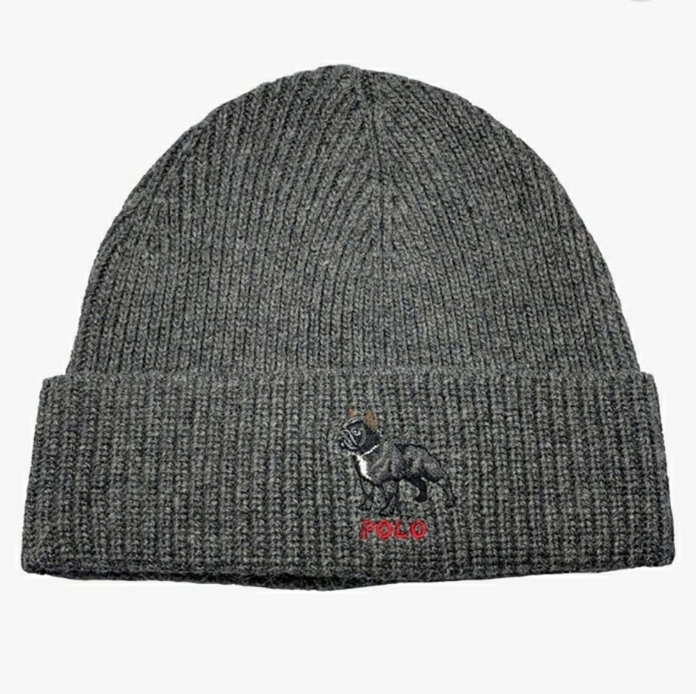 NWT Polo Ralph Lauren French Bulldog Knit  Beanie - Charcoal